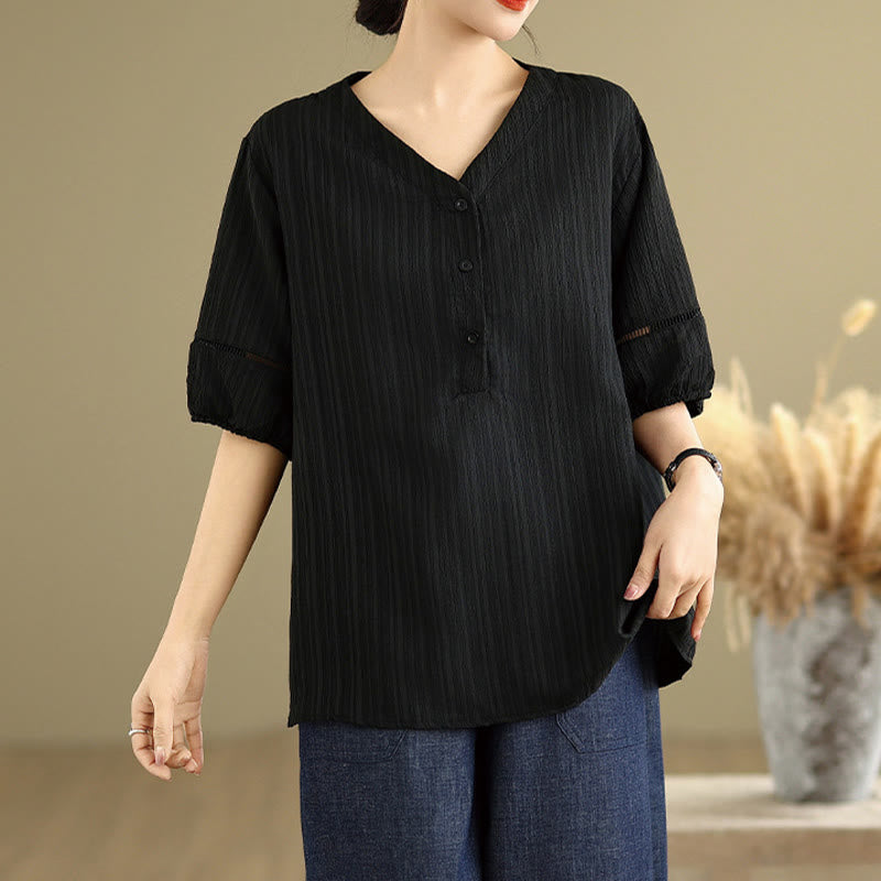 Buddha Stones Sommer Casual Pure Halbe Puffärmel Halber Knopf V-Ausschnitt Damen T-Shirt