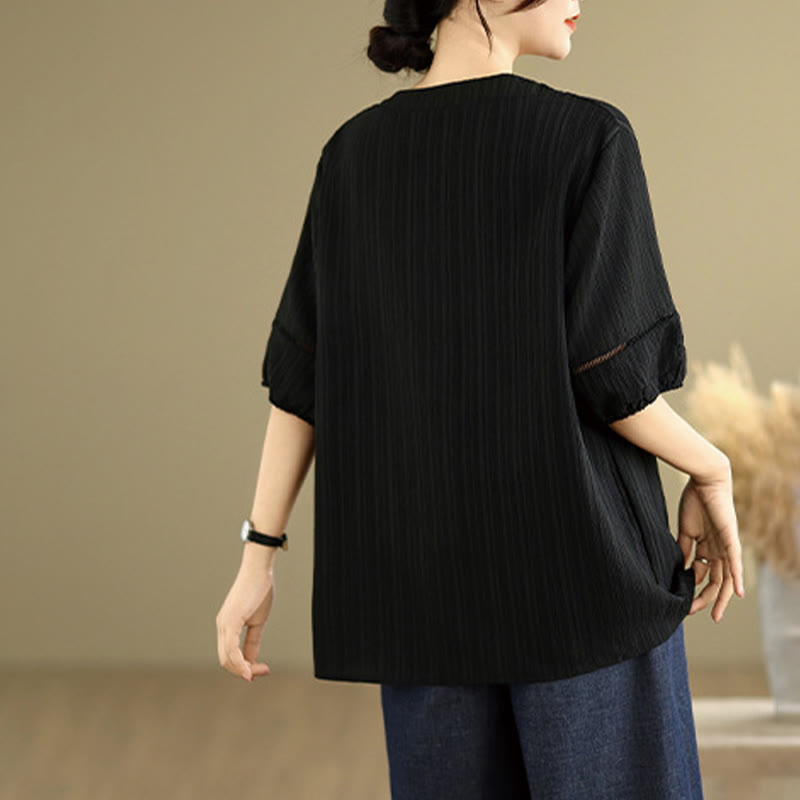 Buddha Stones Sommer Casual Pure Halbe Puffärmel Halber Knopf V-Ausschnitt Damen T-Shirt