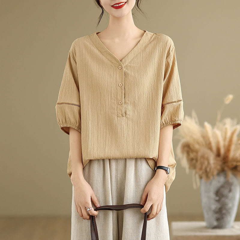Buddha Stones Sommer Casual Pure Halbe Puffärmel Halber Knopf V-Ausschnitt Damen T-Shirt