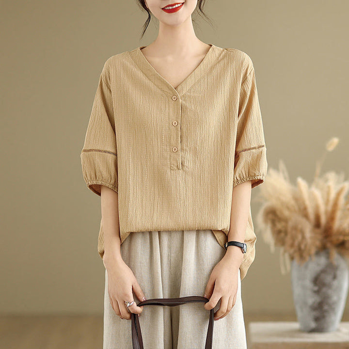 Buddha Stones Sommer Casual Pure Halbe Puffärmel Halber Knopf V-Ausschnitt Damen T-Shirt