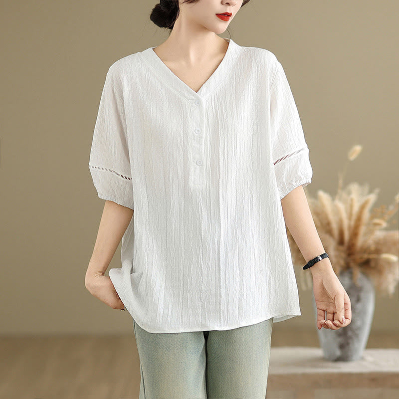 Buddha Stones Sommer Casual Pure Halbe Puffärmel Halber Knopf V-Ausschnitt Damen T-Shirt