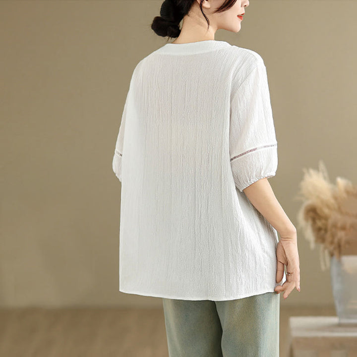 Buddha Stones Sommer Casual Pure Halbe Puffärmel Halber Knopf V-Ausschnitt Damen T-Shirt