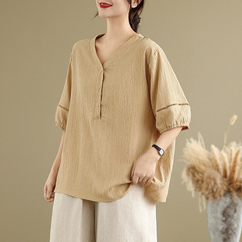 Buddha Stones Sommer Casual Pure Halbe Puffärmel Halber Knopf V-Ausschnitt Damen T-Shirt