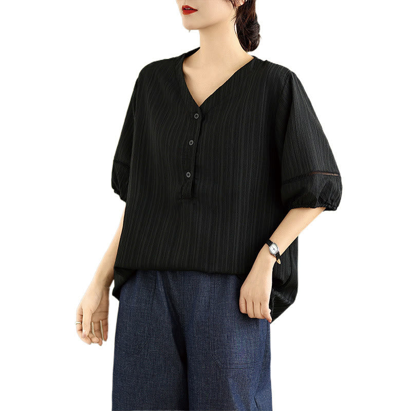 Buddha Stones Sommer Casual Pure Halbe Puffärmel Halber Knopf V-Ausschnitt Damen T-Shirt
