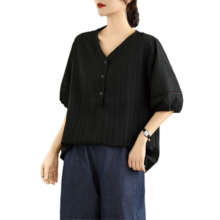 Buddha Stones Sommer Casual Pure Halbe Puffärmel Halber Knopf V-Ausschnitt Damen T-Shirt