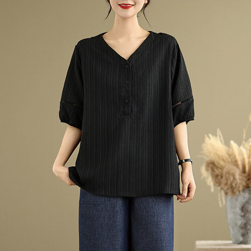 Buddha Stones Sommer Casual Pure Halbe Puffärmel Halber Knopf V-Ausschnitt Damen T-Shirt