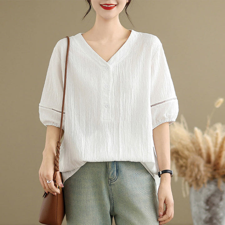 Buddha Stones Sommer Casual Pure Halbe Puffärmel Halber Knopf V-Ausschnitt Damen T-Shirt