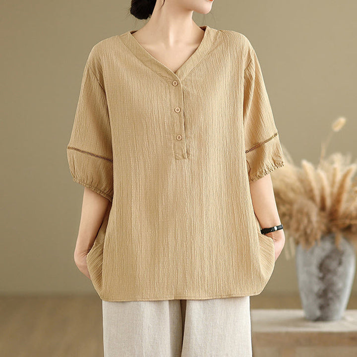 Buddha Stones Sommer Casual Pure Halbe Puffärmel Halber Knopf V-Ausschnitt Damen T-Shirt