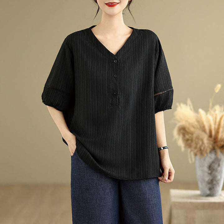 Buddha Stones Sommer Casual Pure Halbe Puffärmel Halber Knopf V-Ausschnitt Damen T-Shirt