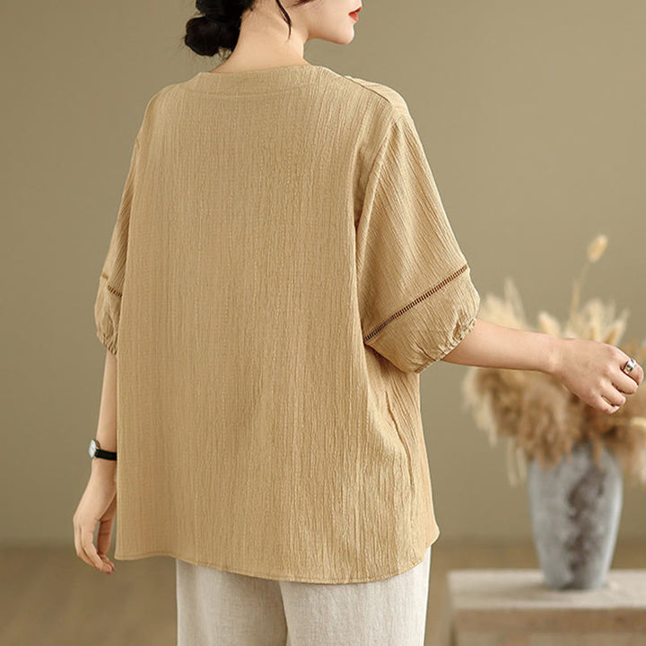 Buddha Stones Sommer Casual Pure Halbe Puffärmel Halber Knopf V-Ausschnitt Damen T-Shirt