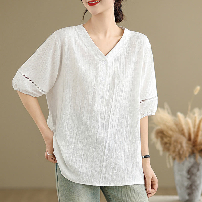 Buddha Stones Sommer Casual Pure Halbe Puffärmel Halber Knopf V-Ausschnitt Damen T-Shirt