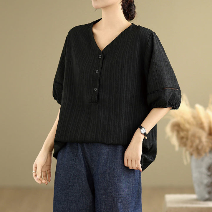 Buddha Stones Sommer Casual Pure Halbe Puffärmel Halber Knopf V-Ausschnitt Damen T-Shirt