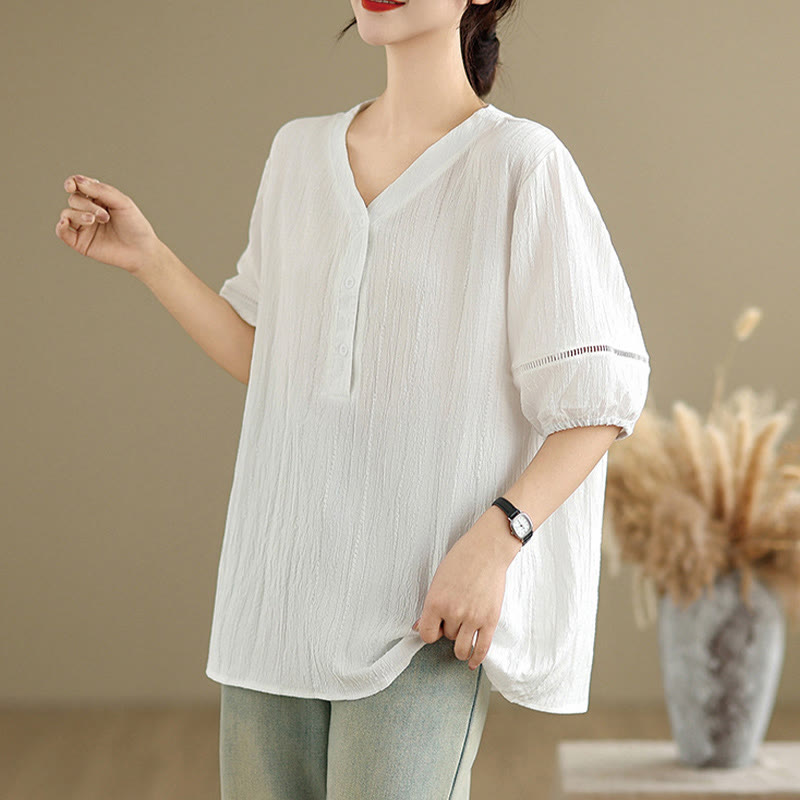 Buddha Stones Sommer Casual Pure Halbe Puffärmel Halber Knopf V-Ausschnitt Damen T-Shirt