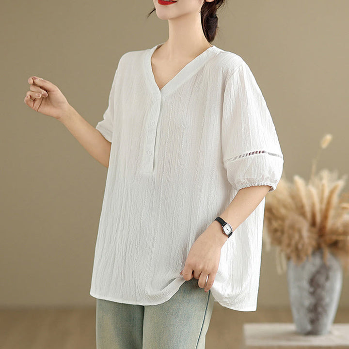 Buddha Stones Sommer Casual Pure Halbe Puffärmel Halber Knopf V-Ausschnitt Damen T-Shirt