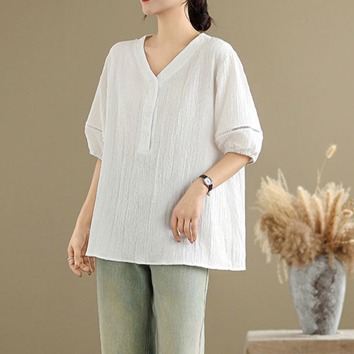 Buddha Stones Sommer Casual Pure Halbe Puffärmel Halber Knopf V-Ausschnitt Damen T-Shirt