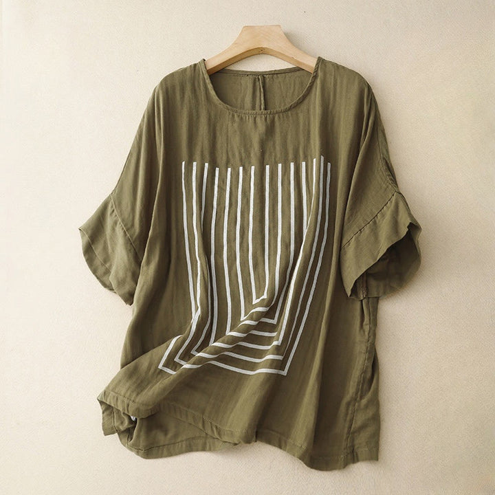 Lässiges Damen-T-Shirt aus Baumwolle und Leinen mit Buddha Stones und Liniendruckmuster - Olive - US12, UK/AU16,EU44 (2XL) - image 0