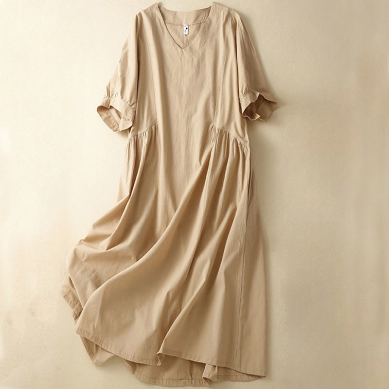 Buddha Stones – Lässiges, reines Farbdesign, kurzärmliges Midikleid aus Baumwolle mit V-Ausschnitt und Taschen - Blasse Goldrute - US8-10, UK/AU12-14,EU40-42 (2XL) - image 9