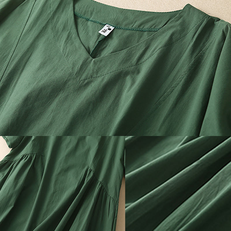 Buddha Stones – Lässiges, reines Farbdesign, kurzärmliges Midikleid aus Baumwolle mit V-Ausschnitt und Taschen - image 3