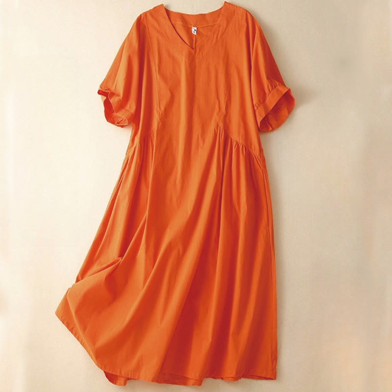 Buddha Stones – Lässiges, reines Farbdesign, kurzärmliges Midikleid aus Baumwolle mit V-Ausschnitt und Taschen - OrangeRot - US8-10, UK/AU12-14,EU40-42 (2XL) - image 4