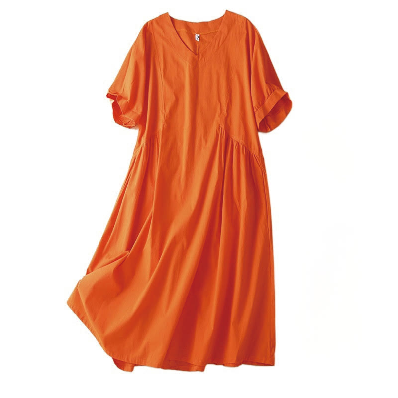 Buddha Stones – Lässiges, reines Farbdesign, kurzärmliges Midikleid aus Baumwolle mit V-Ausschnitt und Taschen - image 8