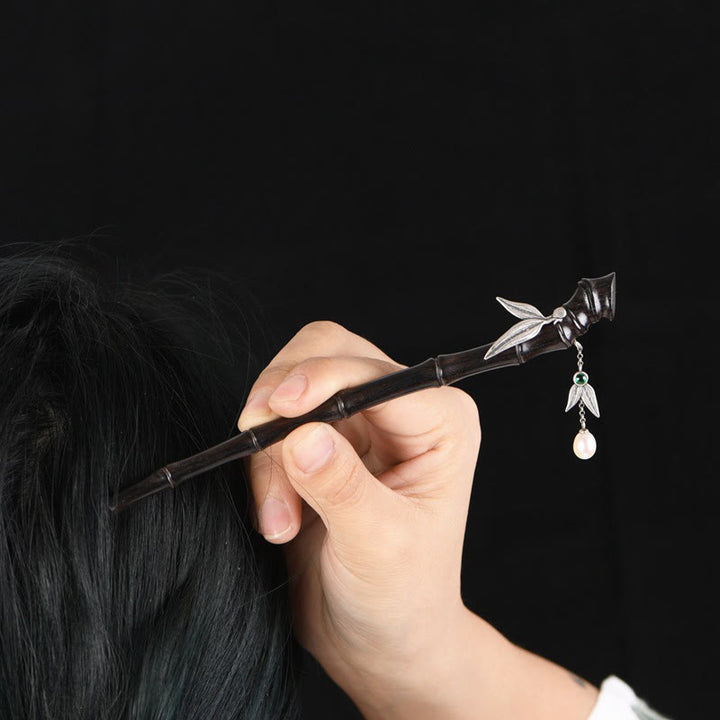 Buddha Stones 925 Sterling Silber Rot Sandelholz Ebenholz Bambus Power Haarnadel