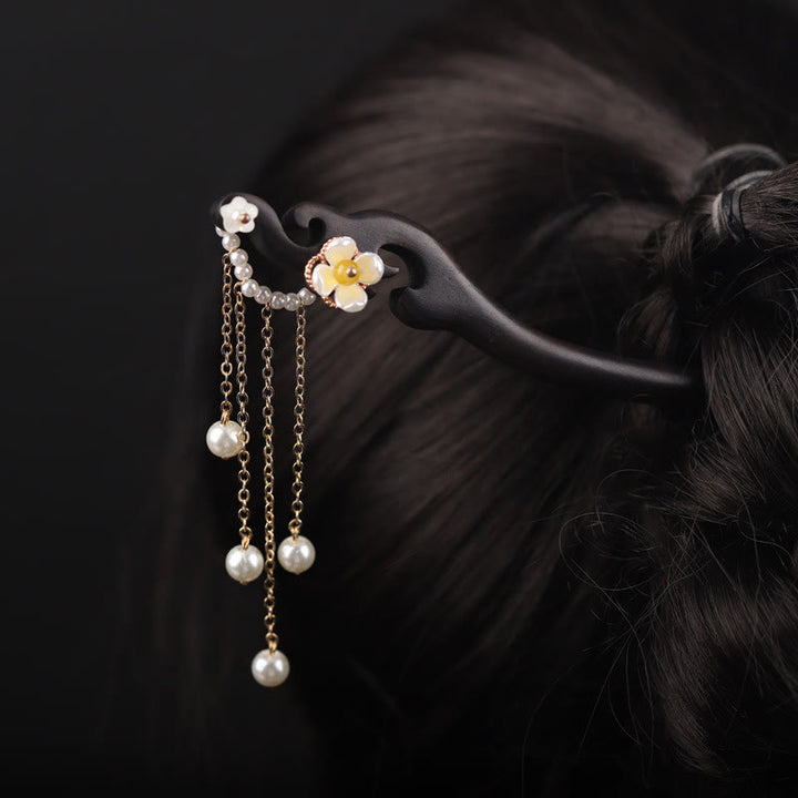 Buddha Stones Ebenholz Shell Blume Perle Quaste Segen Haarnadel