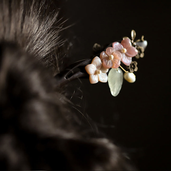 Buddha Stones Ebenholz Shell Blume Blätter Segen Haarnadel