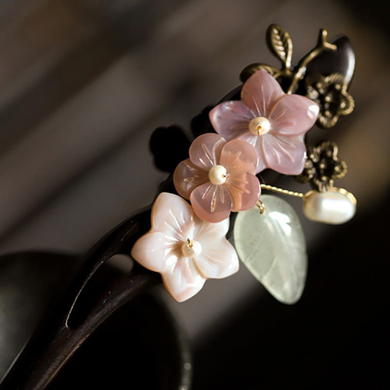 Buddha Stones Ebenholz Shell Blume Blätter Segen Haarnadel