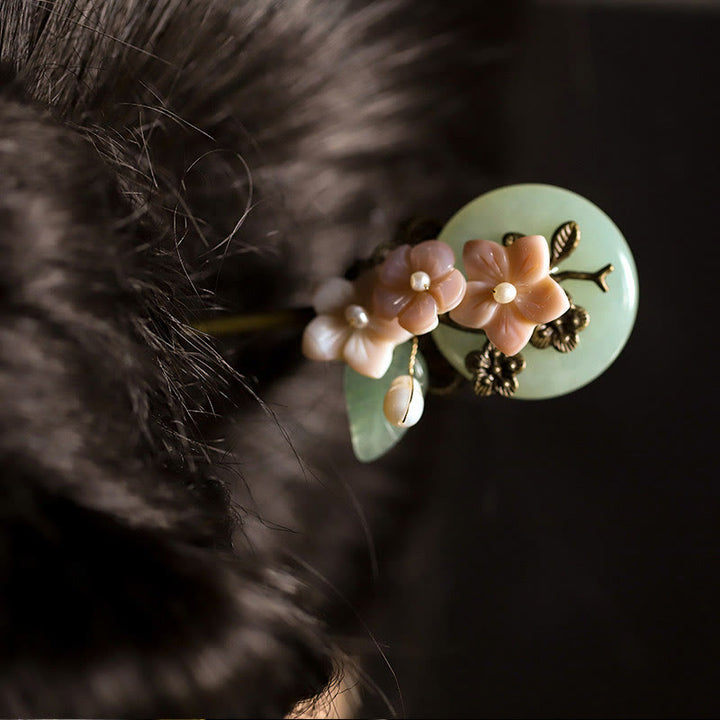 Buddha Stones Kupfer Jade Shell Blume Blätter Glück Haarnadel