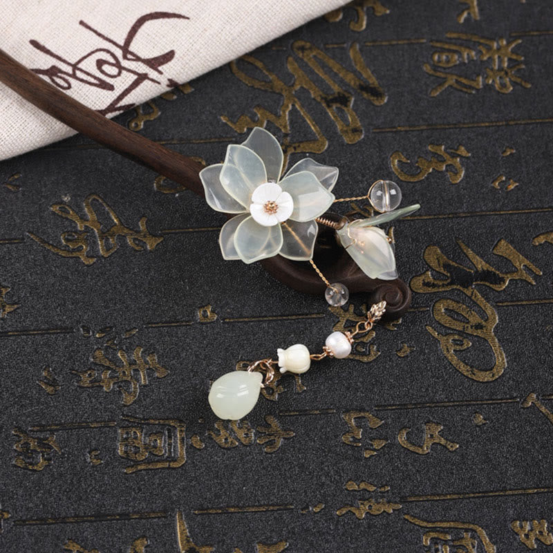 Buddha Stones Ebenholz Jade Shell Magnolia Quaste Segen Haarnadel