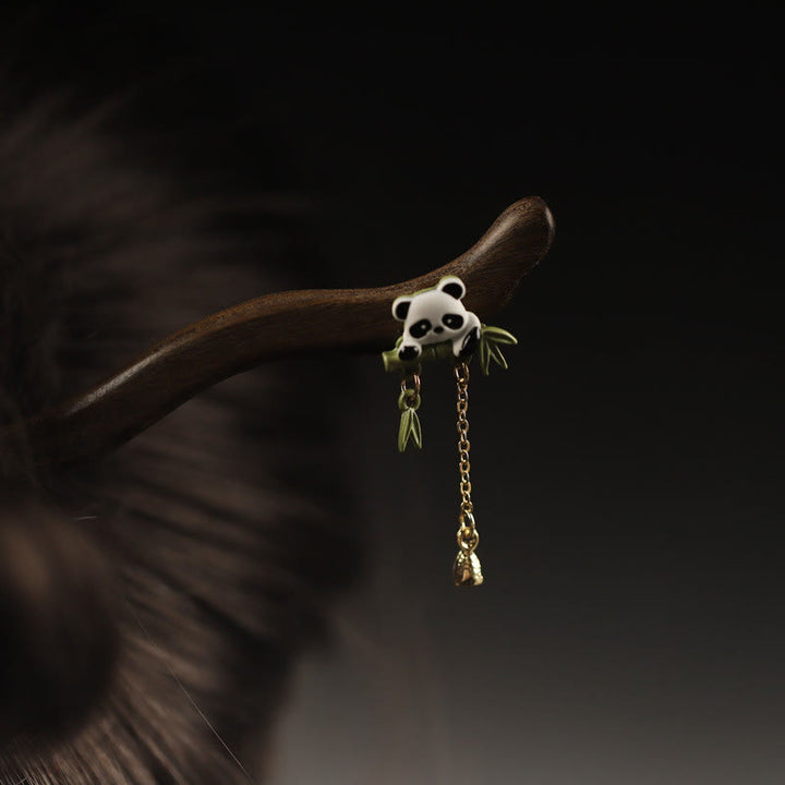 Buddha Stones Ebenholz Panda Bambus Quaste Mut Haarnadel