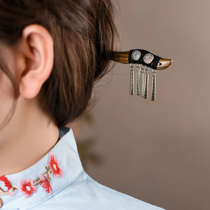 Buddha Stones Silber Quaste Grünes Sandelholz Beruhigende Haarnadel