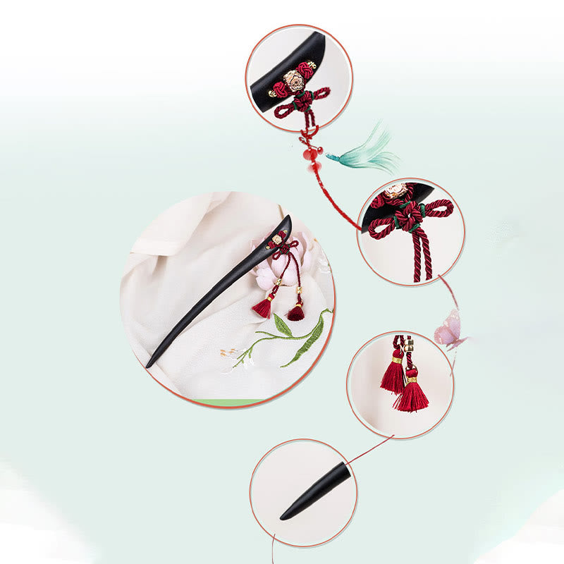 Buddha Stones Ebenholz Rot String Chinesischen Knoten Quaste Schutz Haarnadel