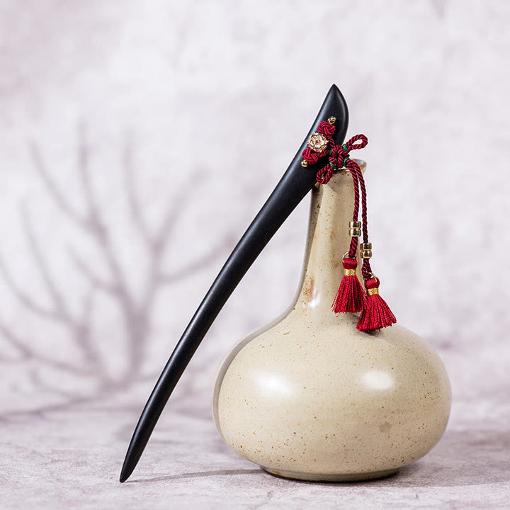 Buddha Stones Ebenholz Rot String Chinesischen Knoten Quaste Schutz Haarnadel