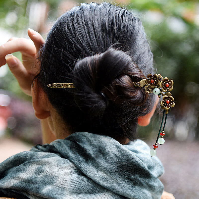 Buddha Stones Grün Aventurin Achat Legierung Blumen Beruhigende Haarnadel