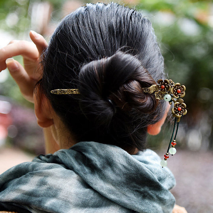 Buddha Stones Grün Aventurin Achat Legierung Blumen Beruhigende Haarnadel