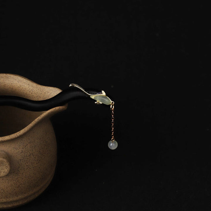 Buddha Stones Ebenholz Hetian Jade Fisch Segen Haarnadel