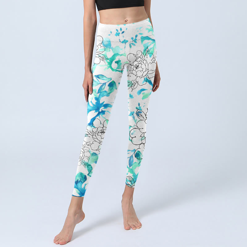 Buddha Stones, blau, Aquarell, Pfingstrose, Blumen, Linien, Musterdruck, Gym-Leggings, Damen-Yogahose - image 6