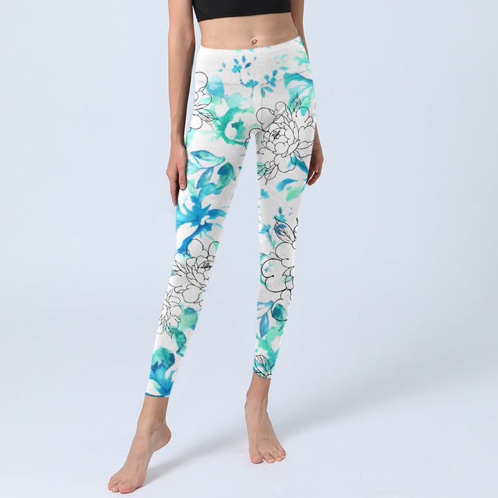 Buddha Stones, blau, Aquarell, Pfingstrose, Blumen, Linien, Musterdruck, Gym-Leggings, Damen-Yogahose - image 6