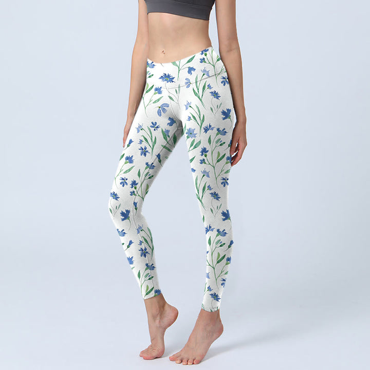 Buddha Stones Weiße Blumen Blatt Muster Druck Gym Leggings Damen Yoga Hose - AliceBlue - US18, UK/AU22,EU50 (4XL) - image 1