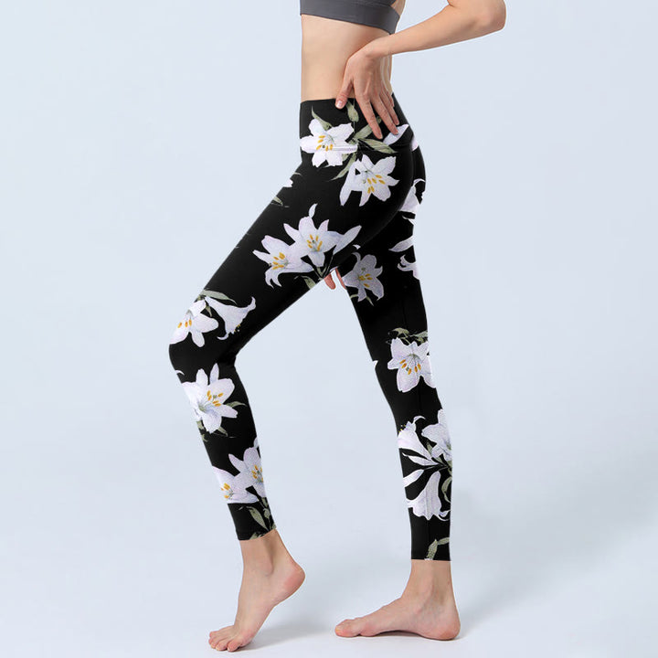 Buddha Stones Schwarze Lilie Blumenblatt Musterdruck Gym Leggings Damen Yogahose - image 3
