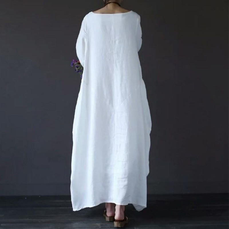 Buddha Stones Einfarbiges Maxikleid aus Baumwolle mit Dreiviertelärmeln für Damen - image 3