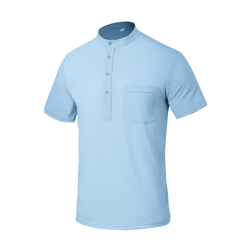 Buddha Stones Einfarbiges Polohemd mit halben Knöpfen für Herren, kurzärmelig