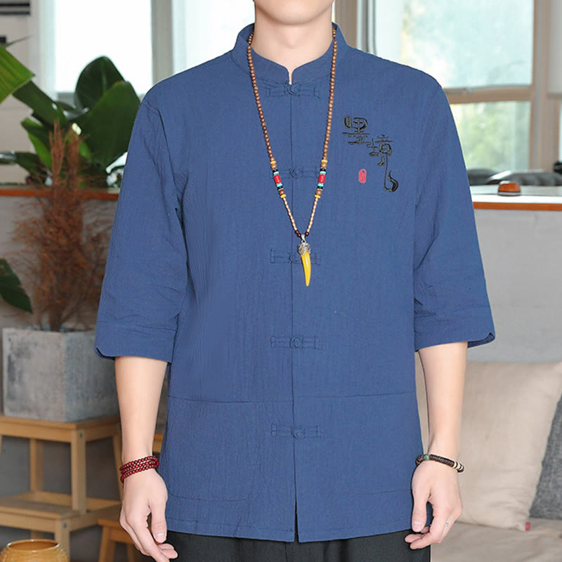 Buddha Stones Froschknopf Chinesischer Tang-Anzug Dreiviertelärmeliges Herrenhemd aus Baumwolle und Leinen