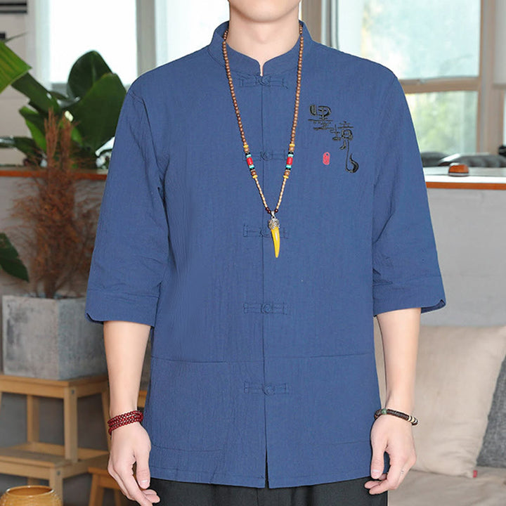 Buddha Stones Froschknopf Chinesischer Tang-Anzug Dreiviertelärmeliges Herrenhemd aus Baumwolle und Leinen