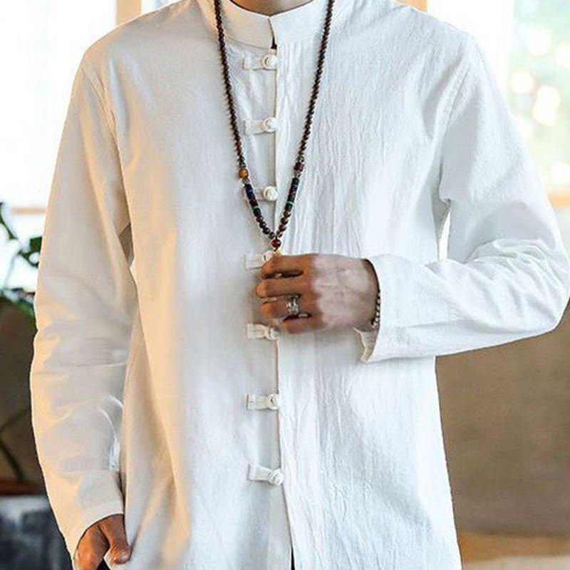 Buddha Stones Lässiges Herrenhemd aus Leinen mit Stehkragen und Froschknöpfen, langärmlig - image 2