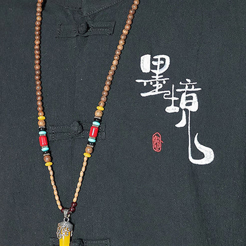Buddha Stones Froschknopf Chinesischer Tang-Anzug Dreiviertelärmeliges Herrenhemd aus Baumwolle und Leinen