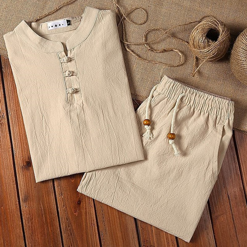 Buddha Stones 2-teiliger Tang-Anzug aus Baumwolle und Leinen mit Froschknöpfen, kurzärmelig, Hose, Kleidung für Herren - image 4