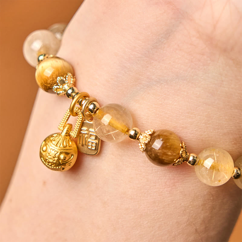 Buddha Stones Natürlicher Rutilquarz Fu Charakter Metall Schluckendes Tier Glücksarmband