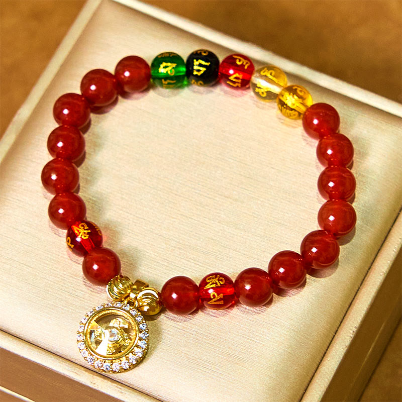 Buddha Stones, roter Achat, Om Mani Padme Hum, fünf Richtungen, Götter des Reichtums, Zirkon, Zyklon-Charme, Selbstakzeptanz-Armband